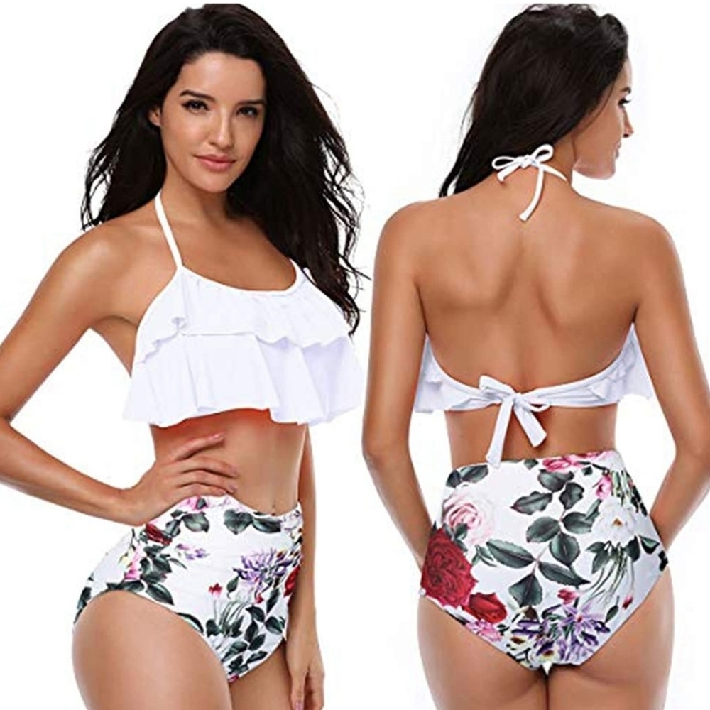 Two Piece Bikini High Waist Floral Swimsuit Ruffle Halter Top Sz XL